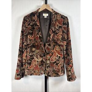 Vintage Talbots Velvet Blazer Women's 12 Brown Red Paisley Artsy 90s Jacket